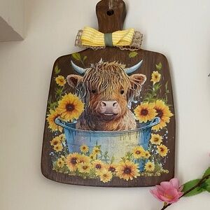 Rustic Cow Cutting Board with Sunflower Design